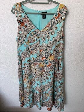 Nicole Miller Aqua Paisley V-Neck Ruffle-Hem Mini Dress